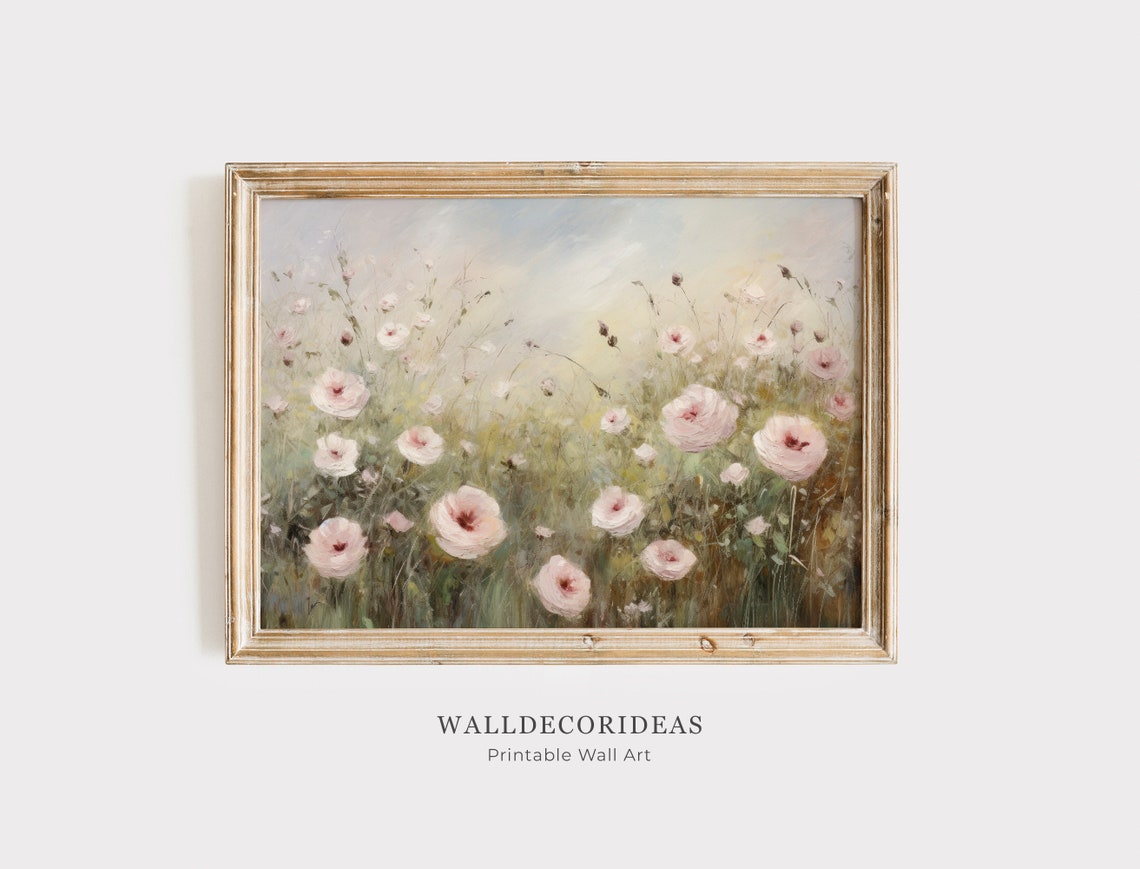 Flower Field Painting Vintage Floral Wall Art Antique Art Print Farmhouse Wall Art Botanical Oil Painting Wall Art