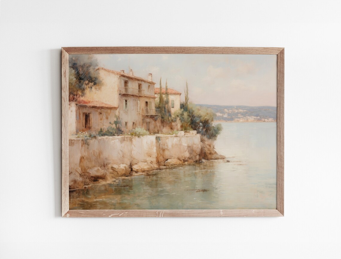 Mediterranean Seaside Village on Rocky Cliffs Warm Tone Vintage Art Poster - Image 3