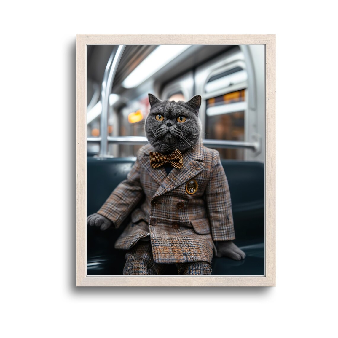 British Shorthair Cat In Plaid Suit Riding Subway Photo Poster