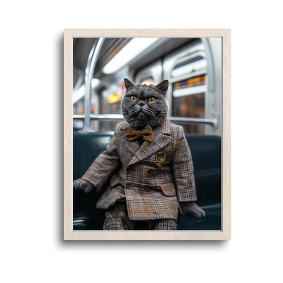 British Shorthair Cat In Plaid Suit Riding Subway Photo Poster