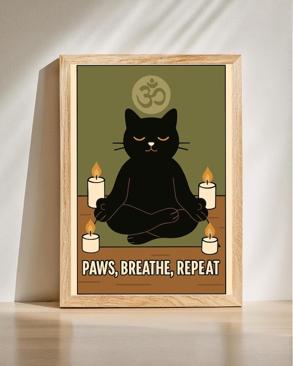 Paws Breathe Repeat Cat Yoga Print Funny Meditation Wall Art Zen Black Poster Mindfulness Decor