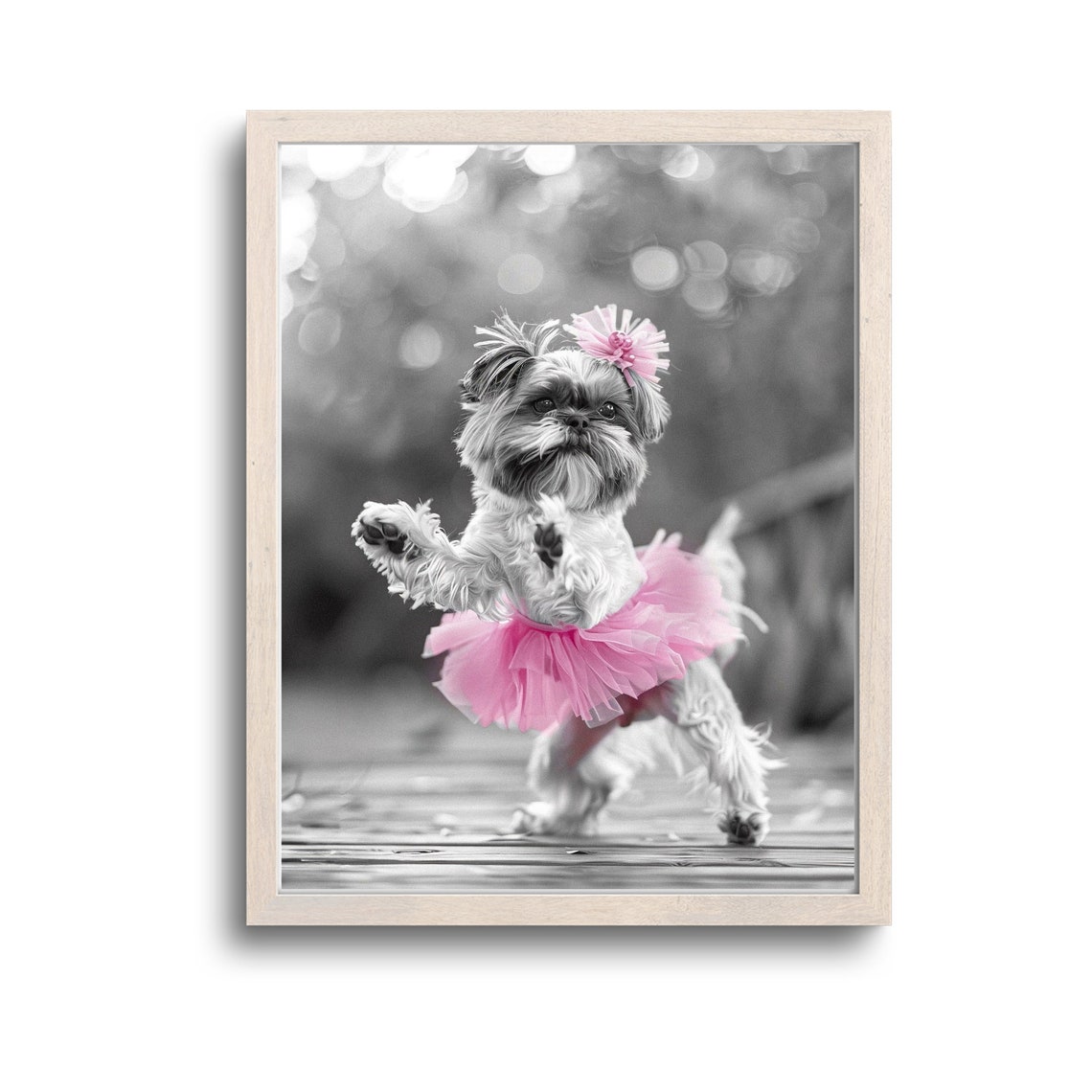 Cute Dog In Pink Tutu Dancing Funny Black And White Photo Poster