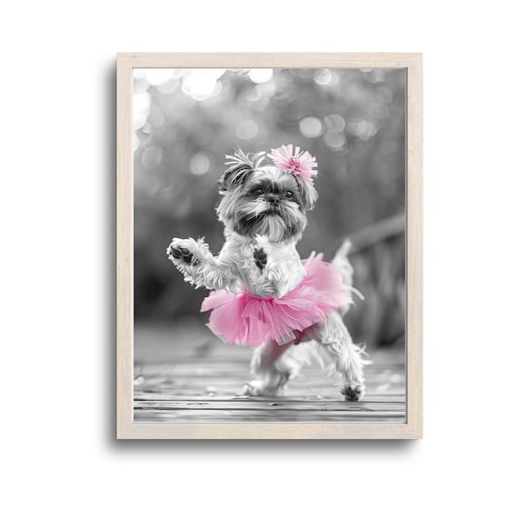 Cute Dog In Pink Tutu Dancing Funny Black And White Photo Poster