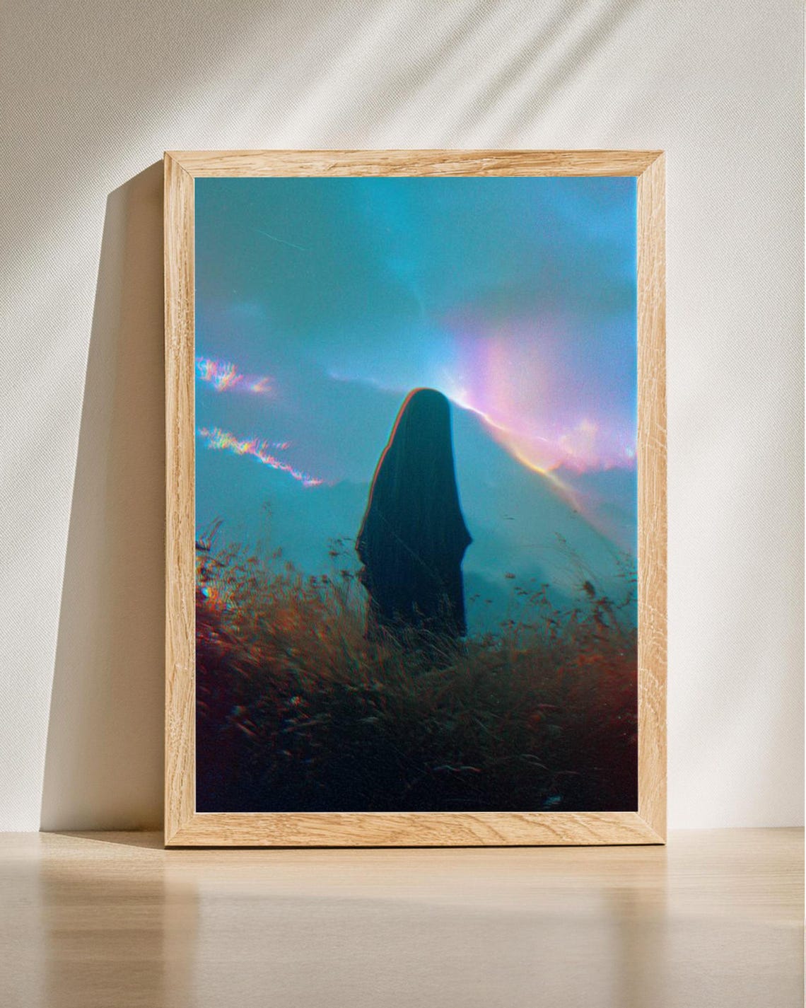 Veiled Figure in a Misty Meadow Dreamy Teal Ethereal Art Poster