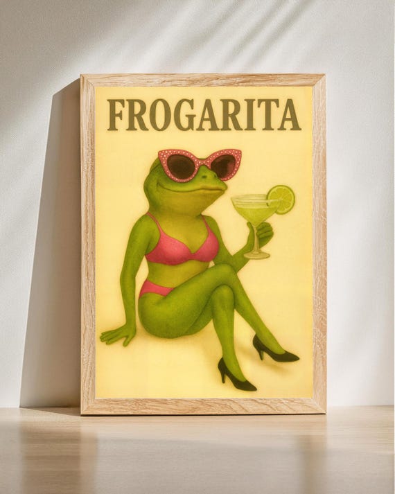 Frog Cocktail Art Retro Pop Style Fun Animal Decor Quirky Wall Humorous Illustration