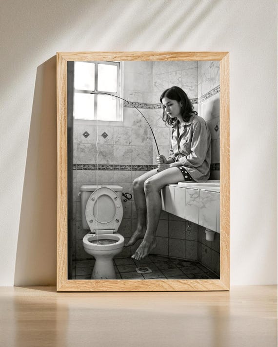 Funny Bathroom Wall Art Woman Fishing In Toilet Decor Modern Humor Print Gift For Her Playful Artwork