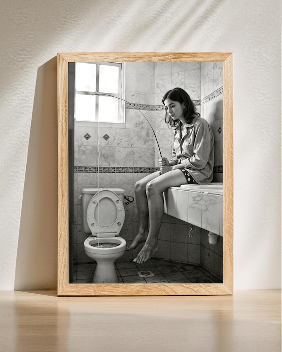 Woman Fishing In Toilet Quirky Funny Bathroom Humor Photo Poster