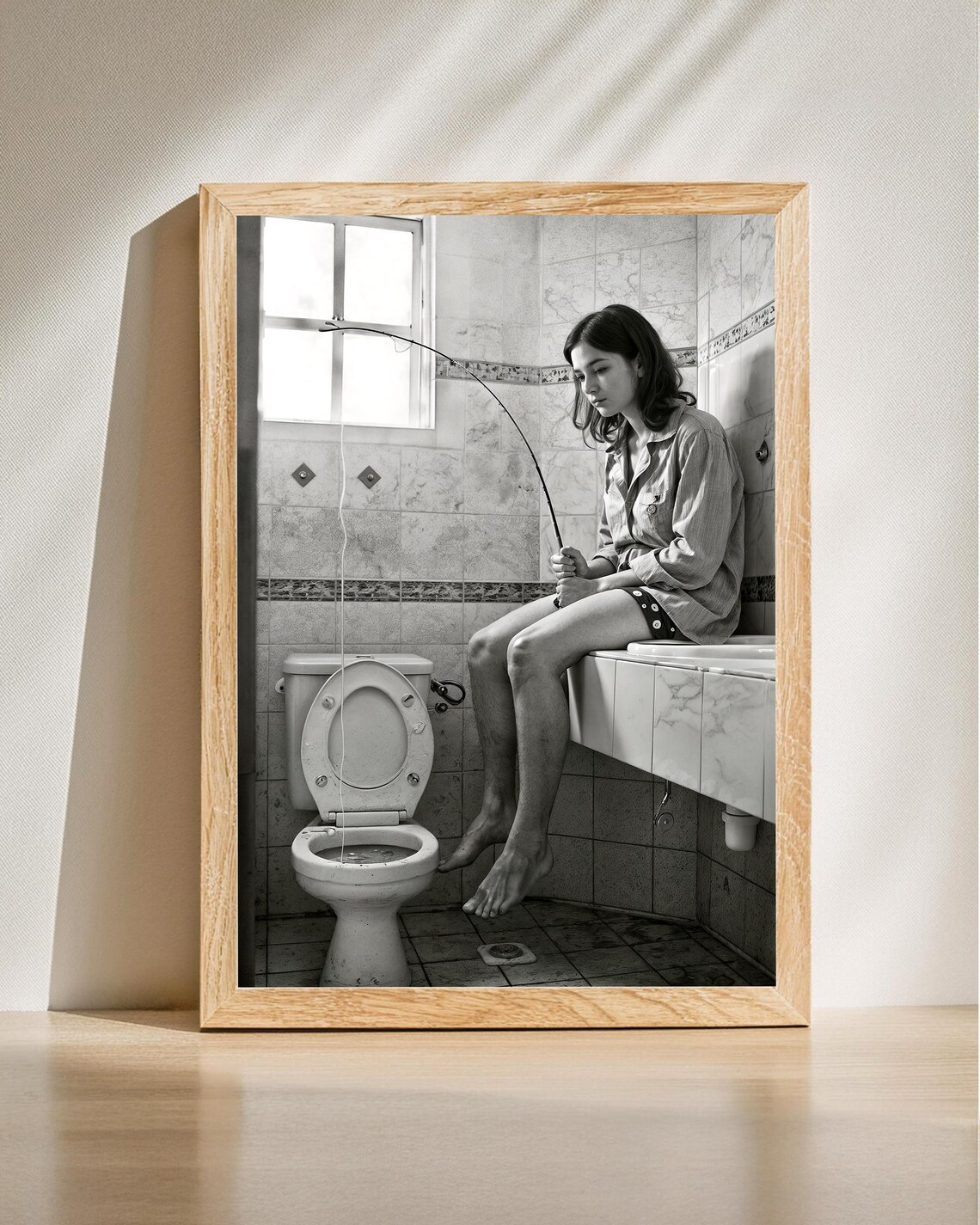 Woman Fishing In Toilet Quirky Funny Bathroom Humor Photo Poster