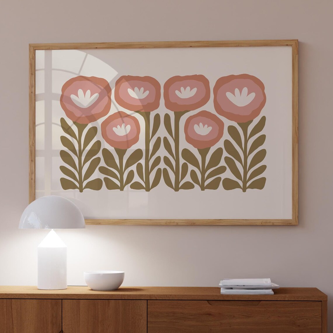 Terracotta Retro Blooms Cream Background Olive Leaf Floral Poster