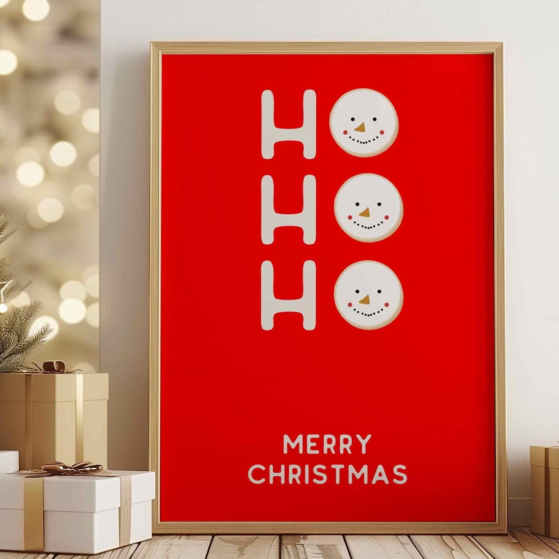 Jolly Cute White Ho Ho Ho Snowman Faces Bold Red Christmas Poster