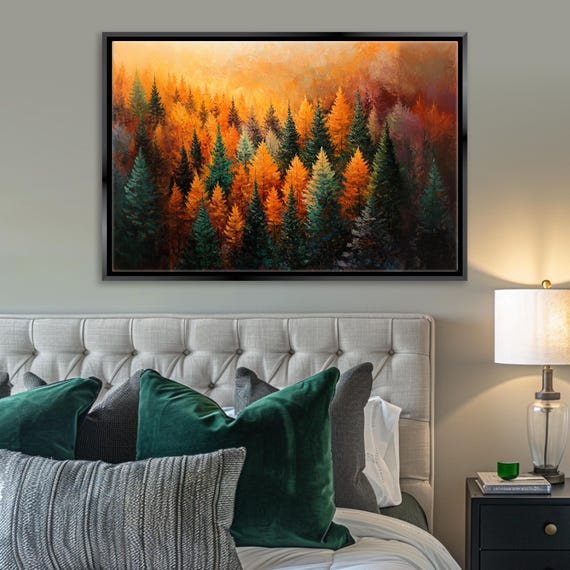Fall Forest Art Print, Vibrant Orange And Green