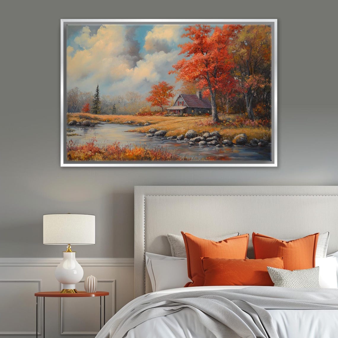 Serene Autumn Cottage Fall Landscape Stream Golden Trees Cozy Wall Art - Image 3