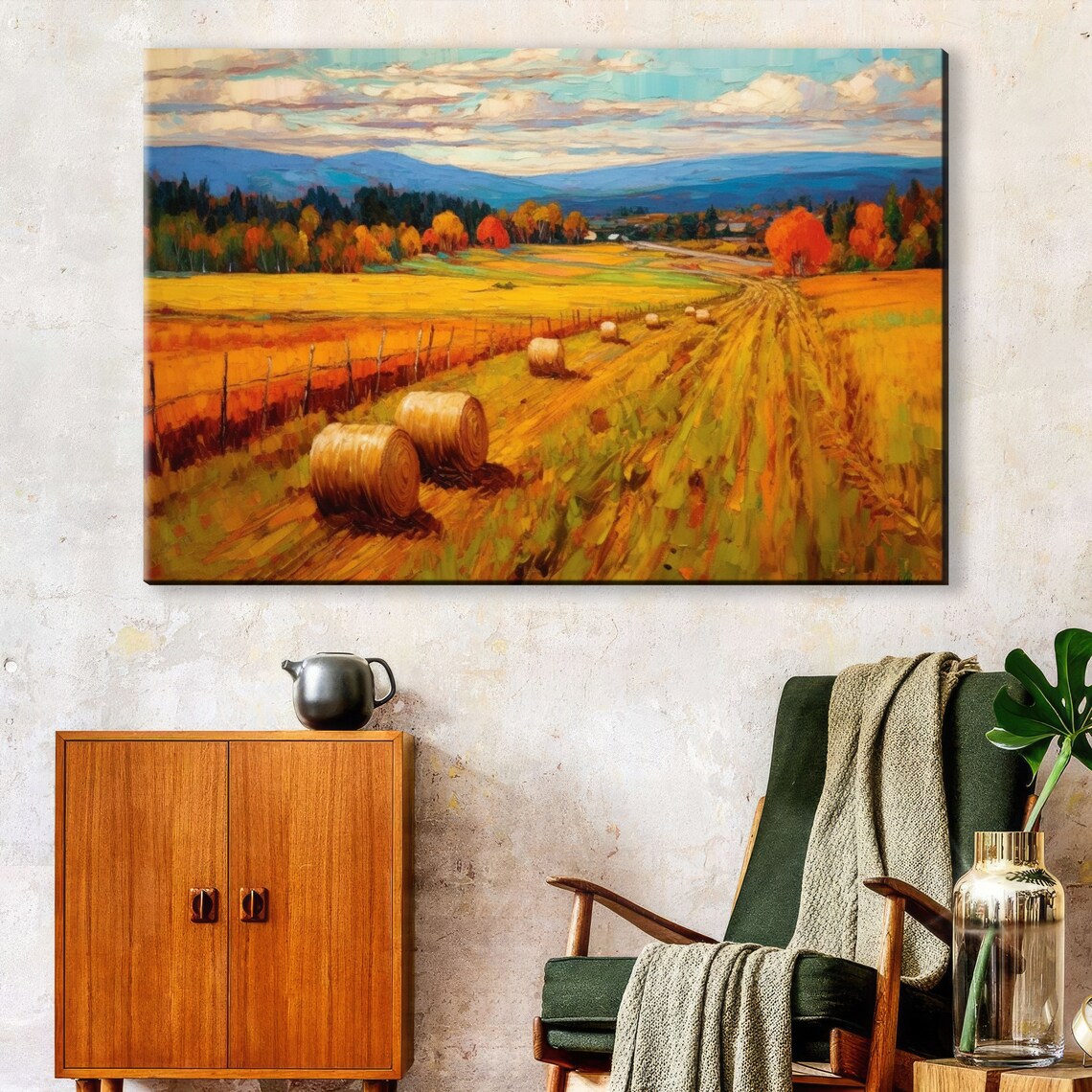 Golden Autumn Countryside Hay Bales Field Mountain Valley Poster - Image 2