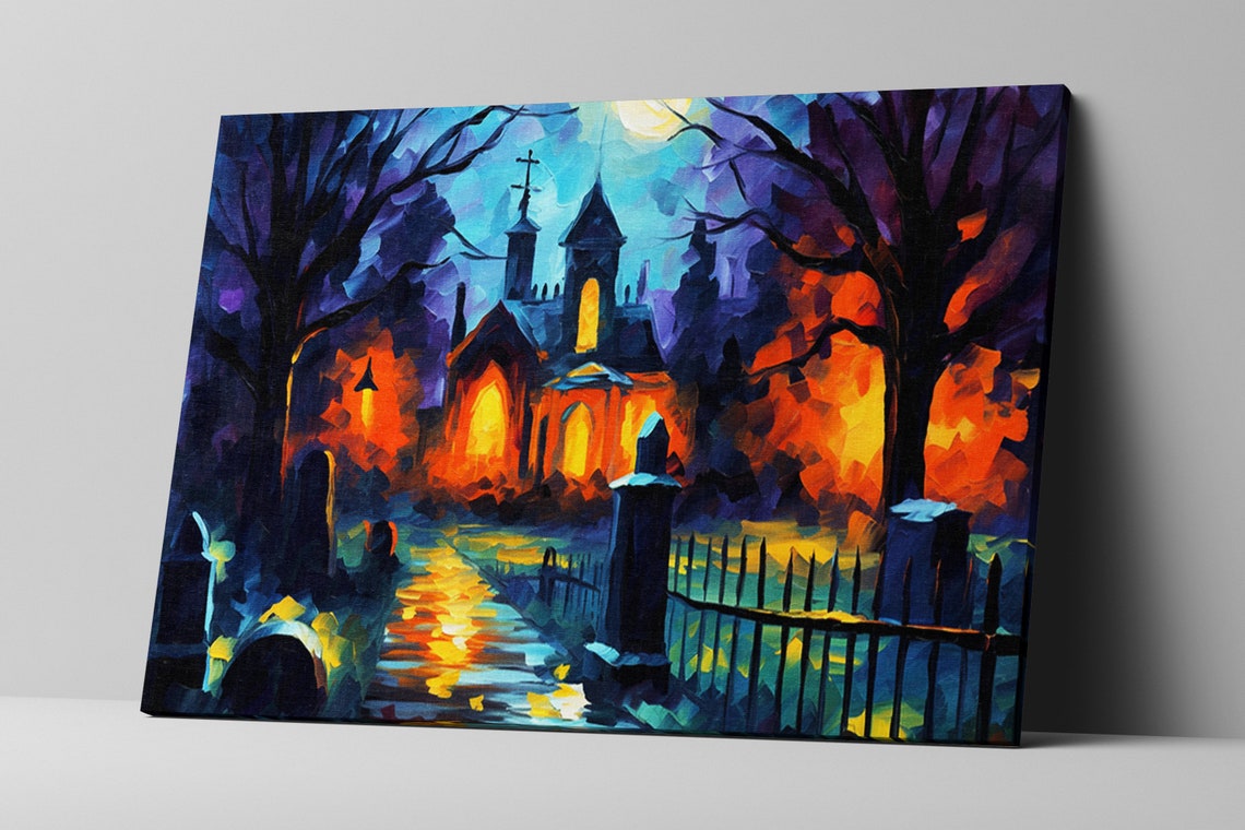Haunted Chapel Full Moon Spooky Graveyard Night Oil Painting Art Print - Image 5