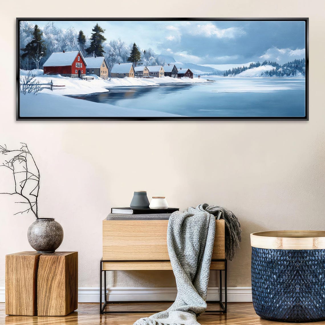 Red Boathouses On Snowy Winter Lake Calm Still Water Panoramic Poster - Image 4