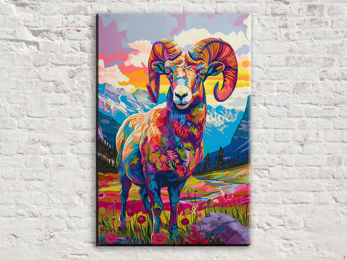 Rainbow Bighorn Ram Pop Art Sunset Meadow Vibrant Wildlife Poster