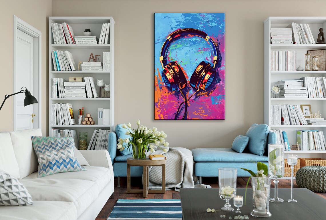Headphones Pop Art Blue Magenta Orange Gradient Music Wall Decor Print - Image 2