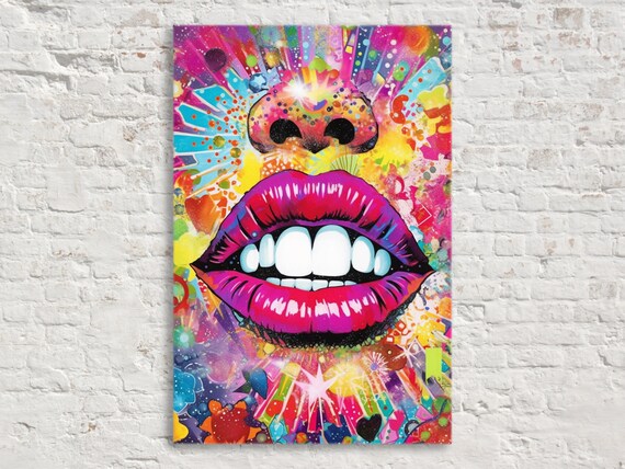 Womans Lips Collage Art Bold Magenta Smiling Pop Art Female Decor Large Wall Art Print