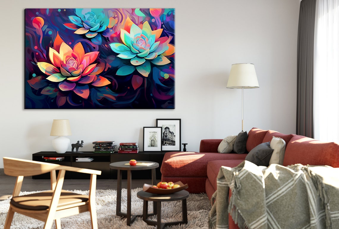 Neon Succulent Botanical Art Glowing Coral Teal Modern Wall Poster - Image 2