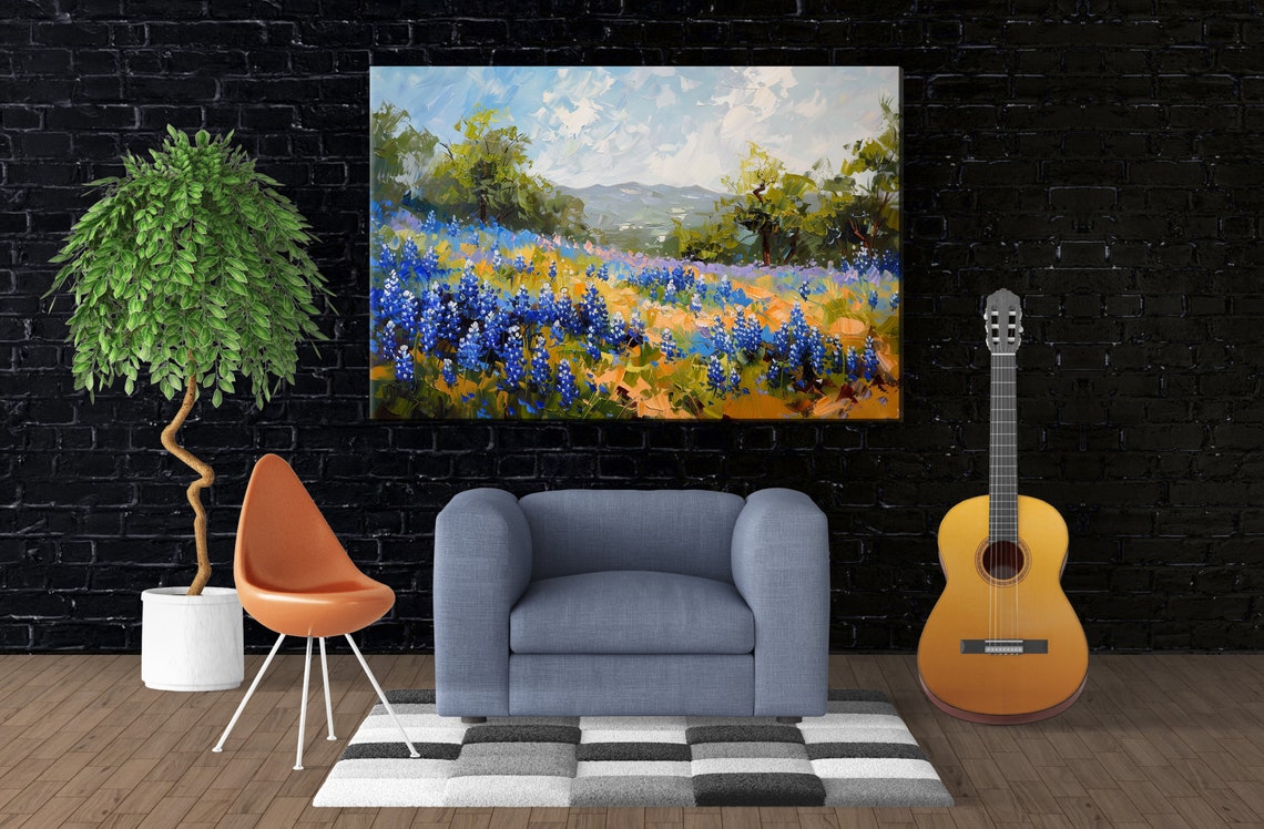 Texas Bluebonnet Meadow Rolling Hills Green Trees Spring Poster - Image 2