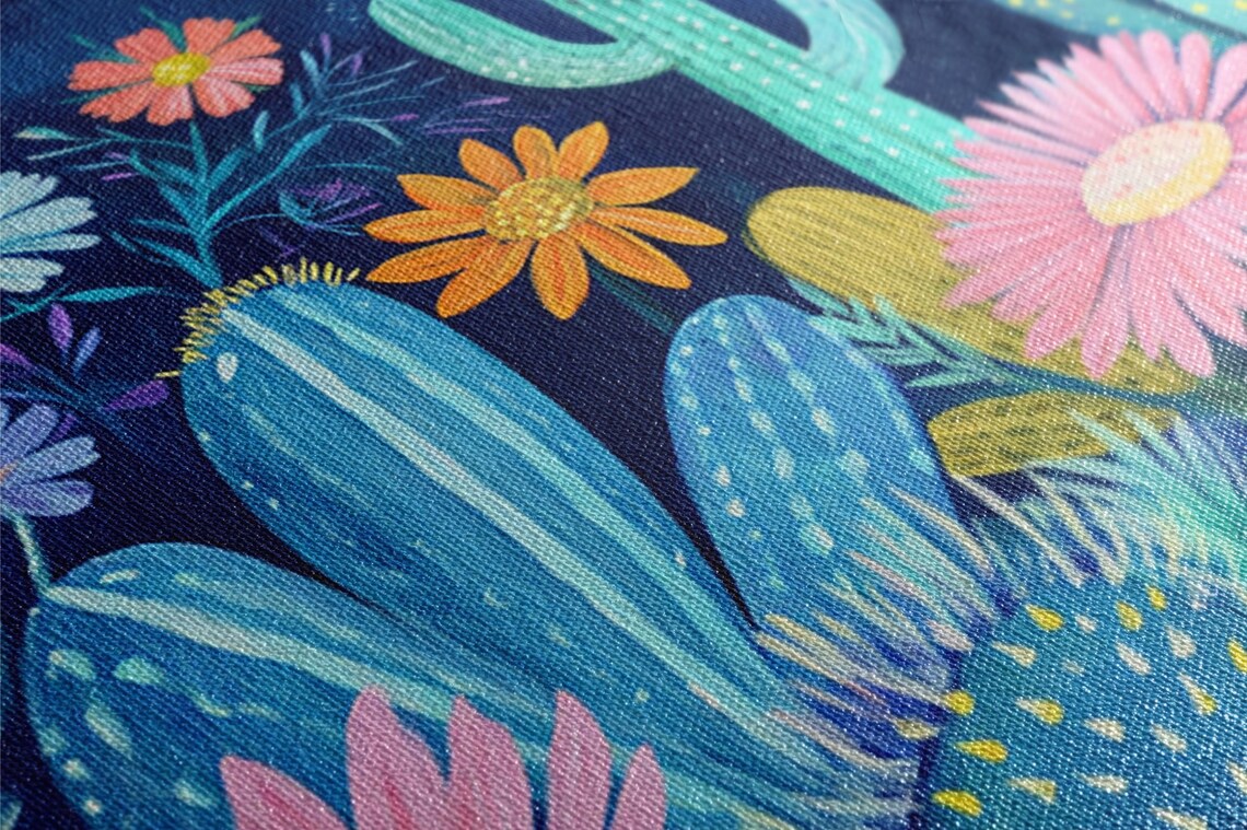 Bright Cacti And Flowers On Navy Blue Folk Pop Art Style Poster Print - Image 2