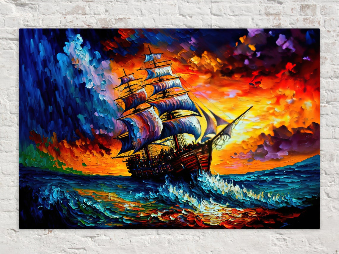 Pirate Ship On Stormy Seas Colorful Acrylic Painting Print Giclee Print