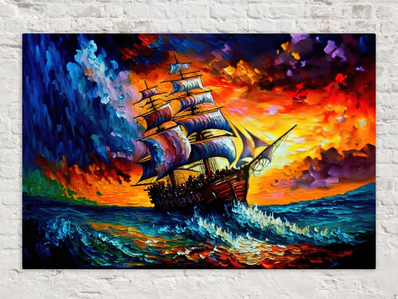 Pirate Ship On Stormy Seas Colorful Acrylic Painting Print Giclee Print