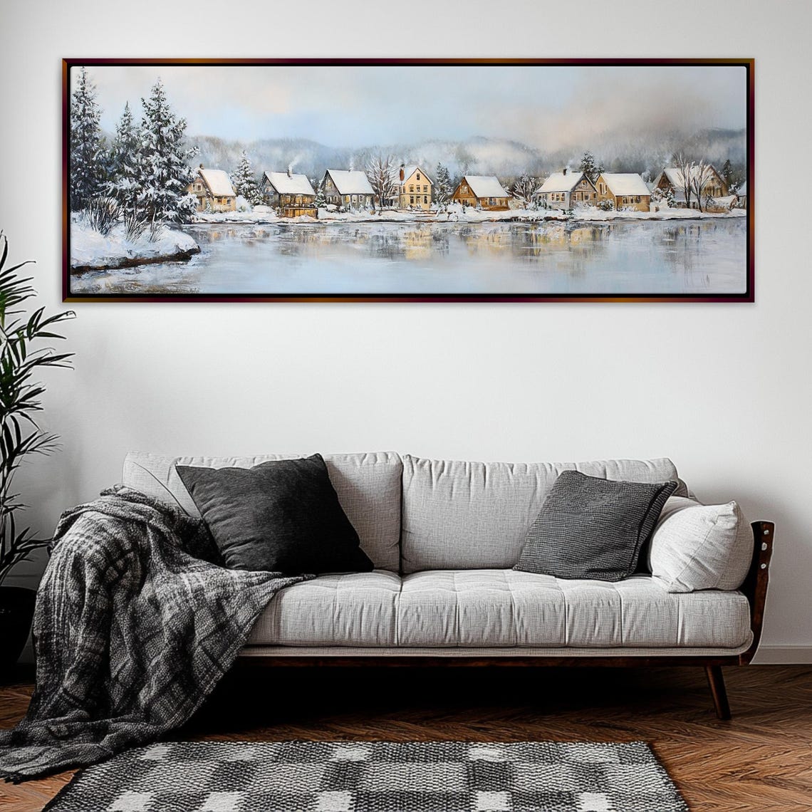 Boathouses On A Snowy Lake Panoramic Print Framed Unframed Long Horizontal Gallery Wrapped Ready To Hang Extra Large Wall Art - Image 4