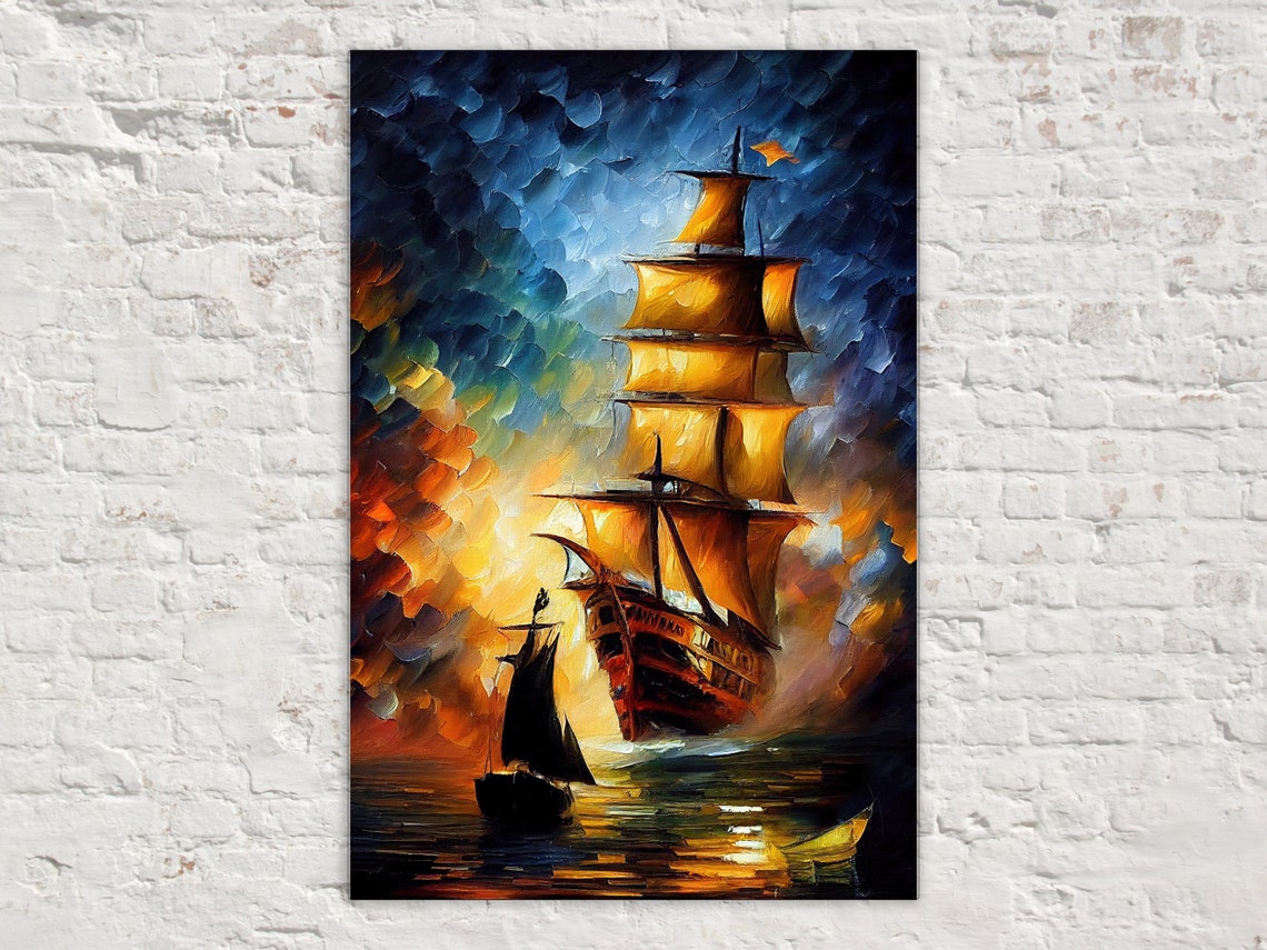 Tall Ship Golden Sails Sunset Ocean Voyage Oil Painting Art Poster