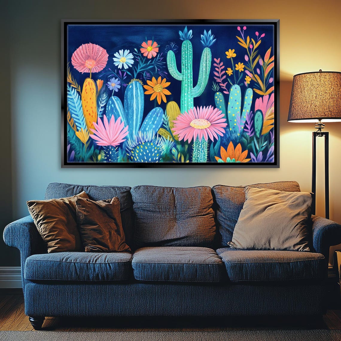Bright Cacti And Flowers On Navy Blue Folk Pop Art Style Poster Print - Image 5