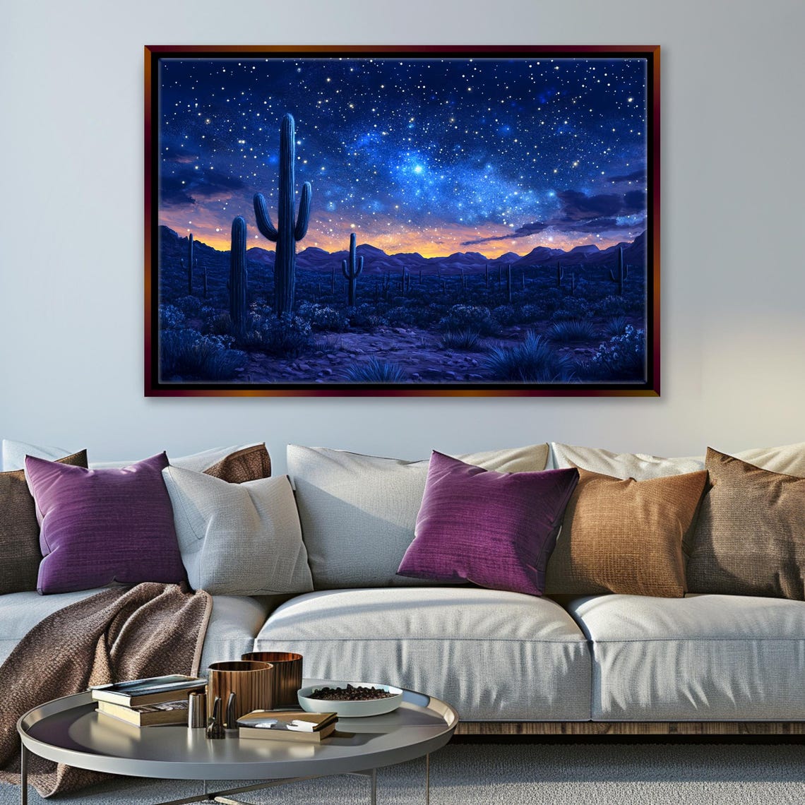 Starry Night Desert Sky Saguaro Cactus Glowing Milky Way Wall Art - Image 3
