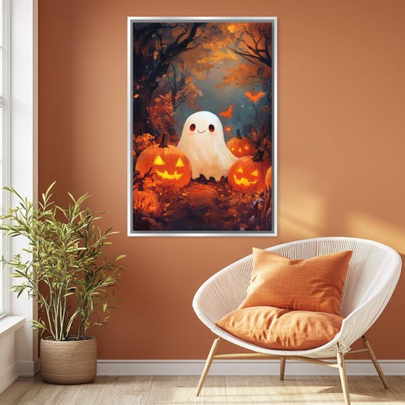 Cute Ghost With Pumpkins Art Festive Halloween Framed Or Unframed Gallery Wrapped Gicle Ready To Hang Extra Large Wall Art