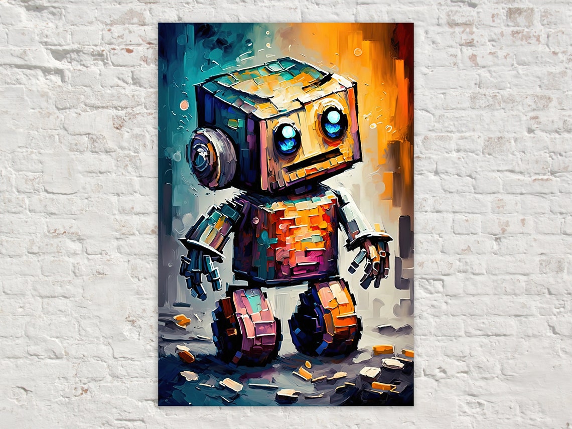 Cute Box Robot Big Blue Eyes Teal Orange Kids Room Art Poster