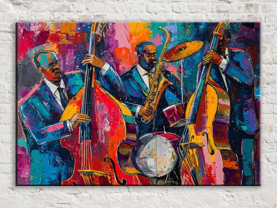 Energetic Jazz Trio Double Bass Saxophone Drums Colorful Music Art Poster