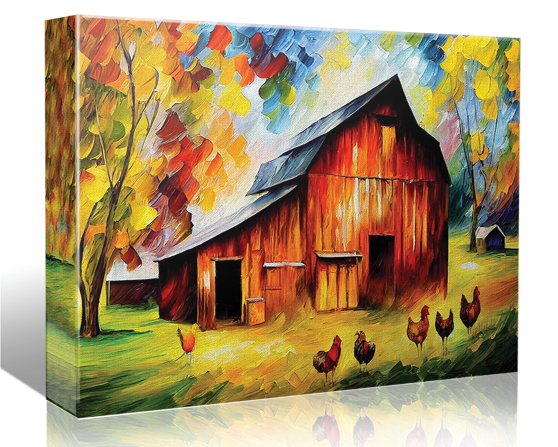 Red Barn Autumn Chickens Farmyard Colorful Oil Painting Art Poster - Image 5