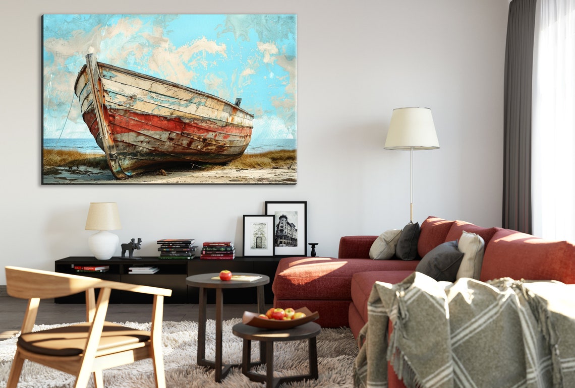 Vintage Red White Weathered Wooden Boat Beached Shore Nautical Poster - Image 2