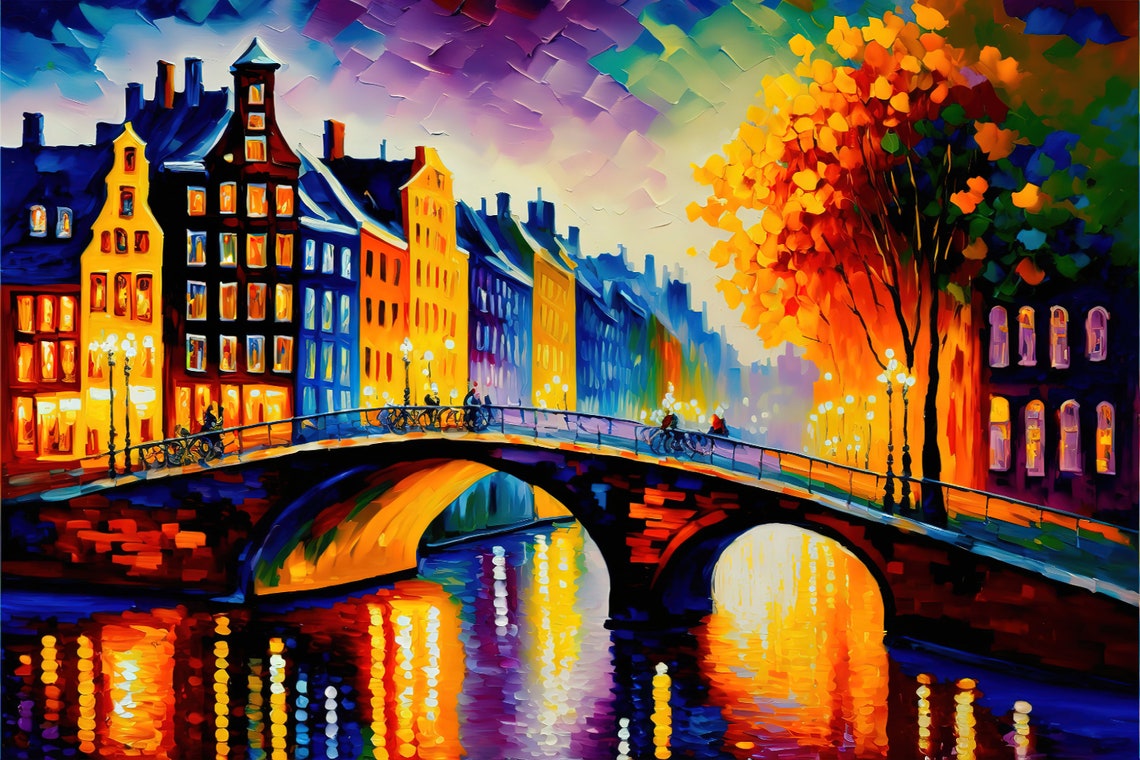 Amsterdam Canal Bridge Sunset Colorful Houses Autumn Tree Poster - Image 5