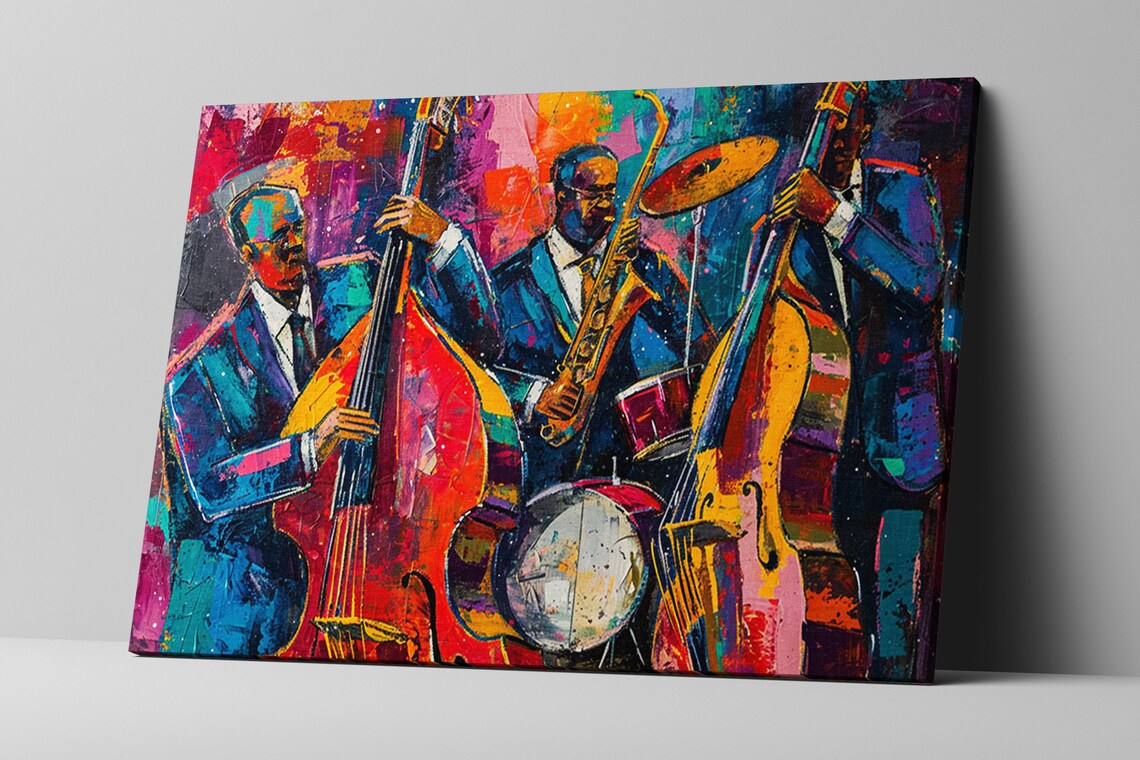 Energetic Jazz Trio Double Bass Saxophone Drums Colorful Music Art Poster - Image 5