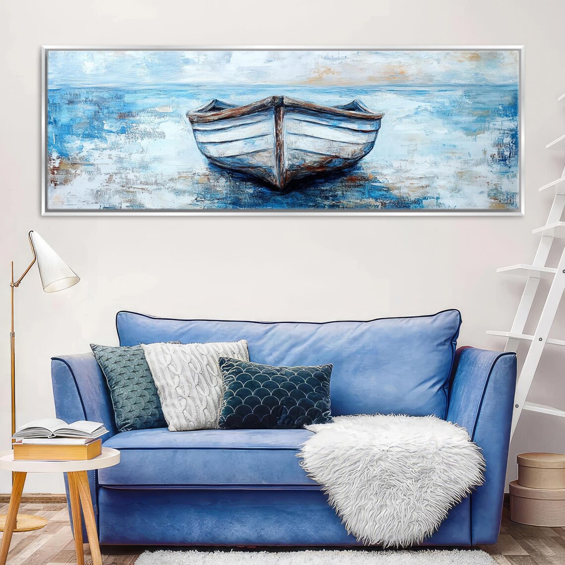 Panoramic Weathered Boat Blue White Coastal Nautical Long Horizontal Wall Art