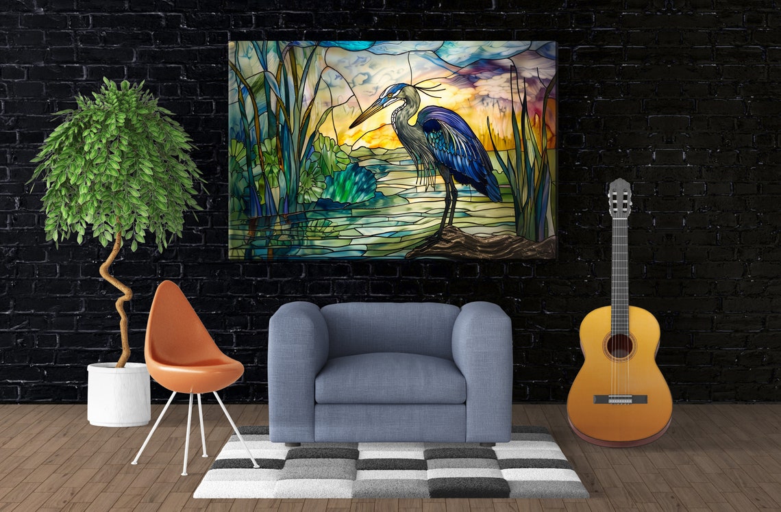 Blue Heron Stained Glass Sunset Wetlands Leaded Panel Art Poster - Image 3