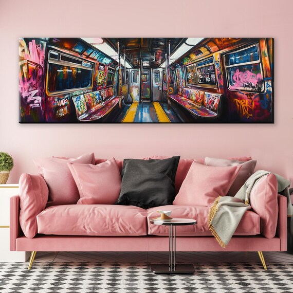 Subway Train Graffiti Scene, Panoramic Art Print