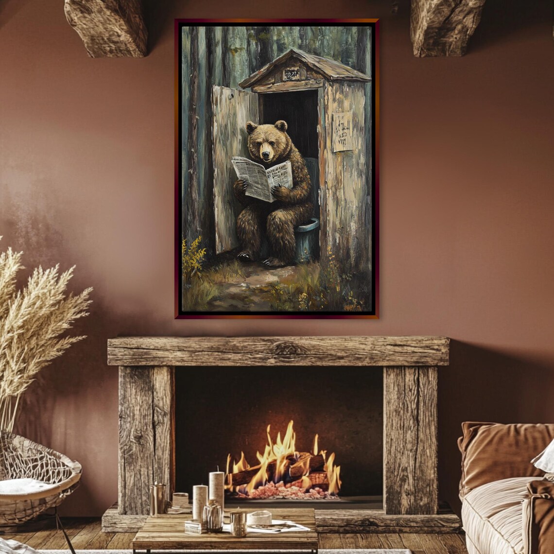 Funny Bear Reading Newspaper In Rustic Outhouse Bathroom Humor Wall Art Poster - Image 5