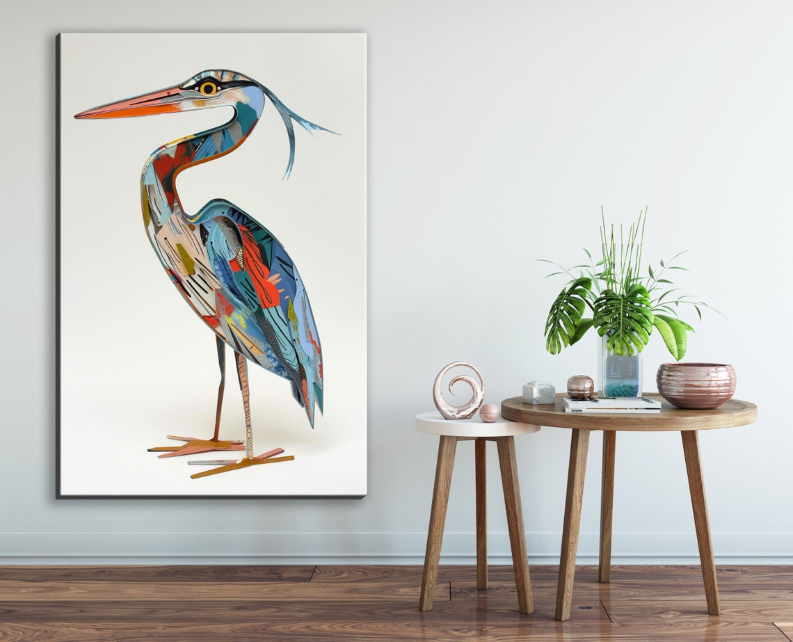 Abstract Collage Blue Heron Minimalist White Background Bird Poster - Image 2