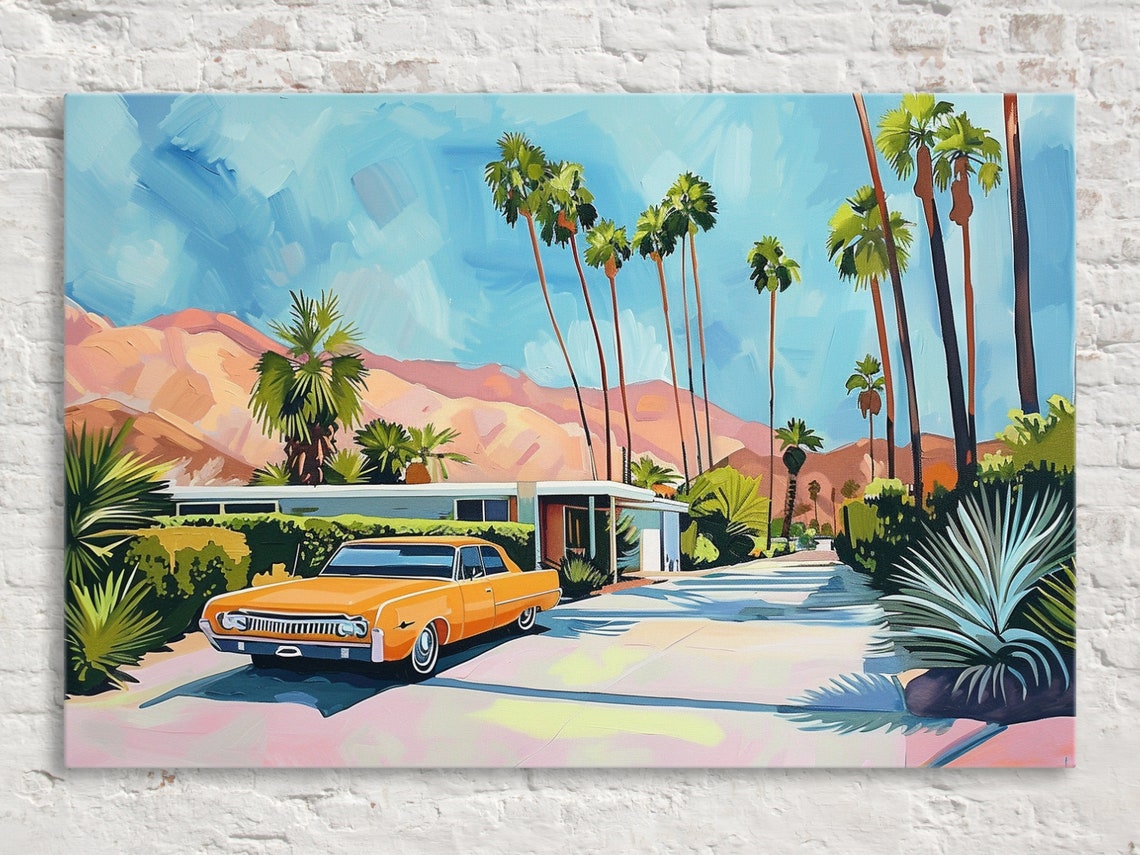 Palm Springs Vintage Orange Car Mid Century House Mountain View Poster