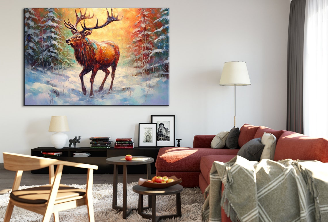 Majestic Elk Snowy Forest Golden Sunset Big Antlers Winter Art Print - Image 3