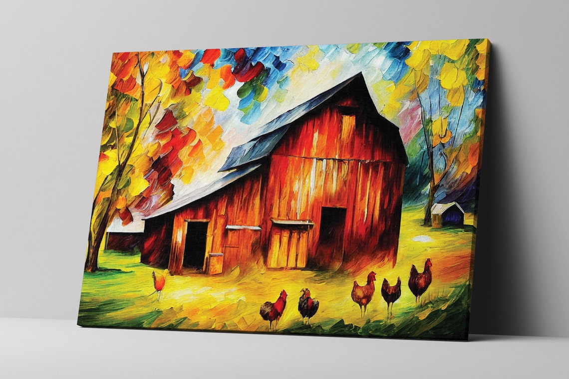Red Barn Autumn Chickens Farmyard Colorful Oil Painting Art Poster - Image 2
