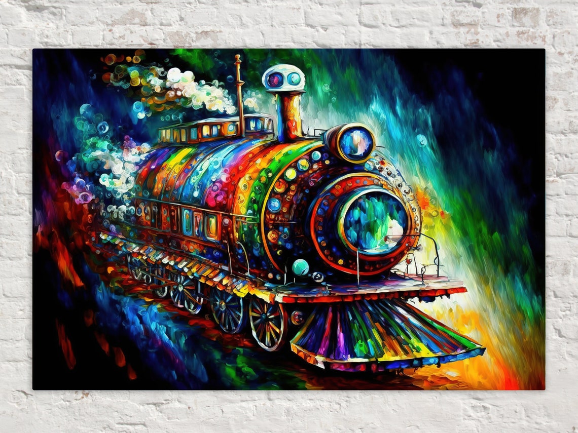 Colorful Steampunk Locomotive Train Rainbow Steam Engine Art Poster