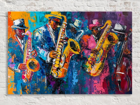 Vibrant Saxophone Jazz Band Five Musicians Suits Hats Colorful Art Poster