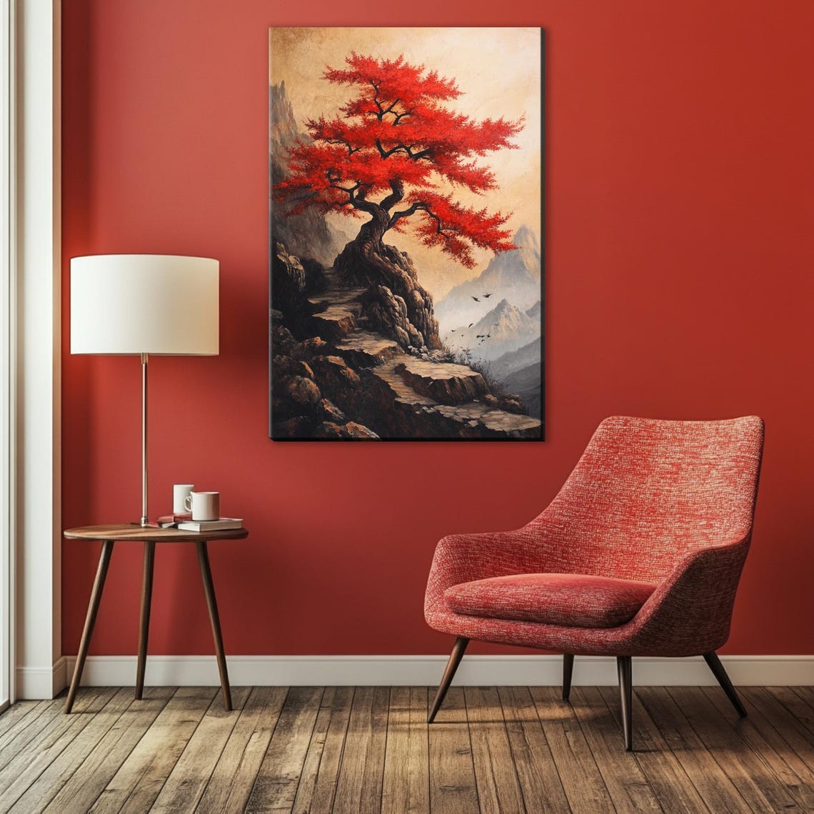 Red Japanese Maple Tree On Rocky Cliff Misty Mountains Autumn Art - Image 3