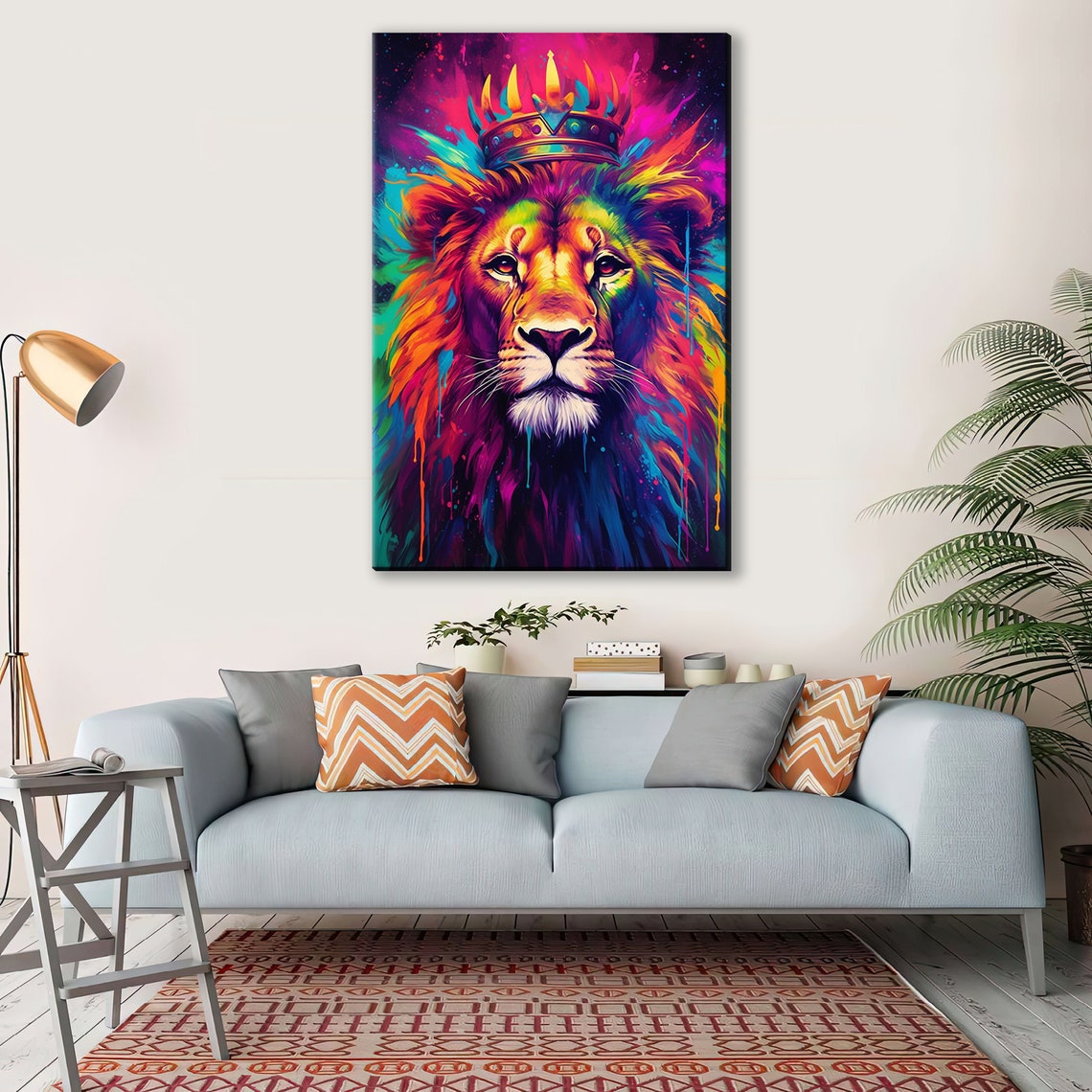 Neon Rainbow Lion King Crown Colorful Pop Art Splash Mane Poster - Image 2